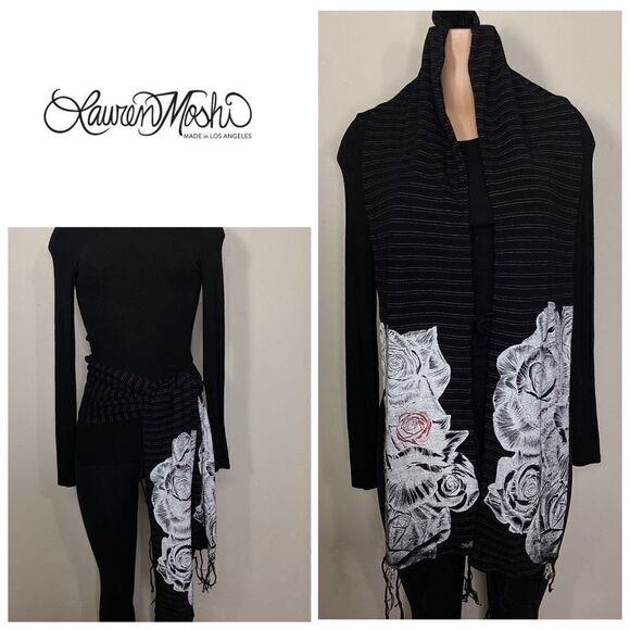 New. Lauren Moshi black floral stripe scarf. Retails $169